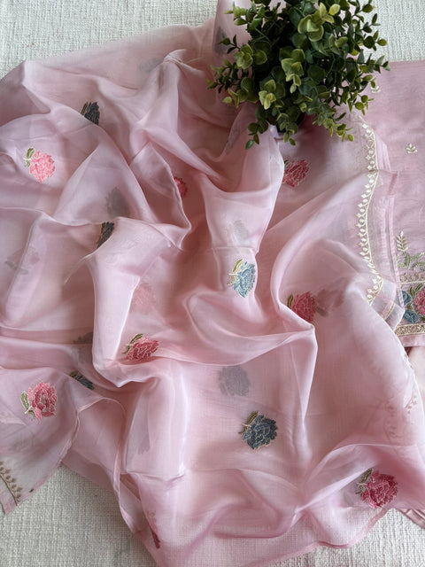 Emb organza salwar material - Baby pink