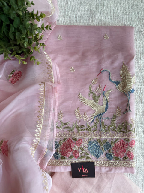 Emb organza salwar material - Baby pink
