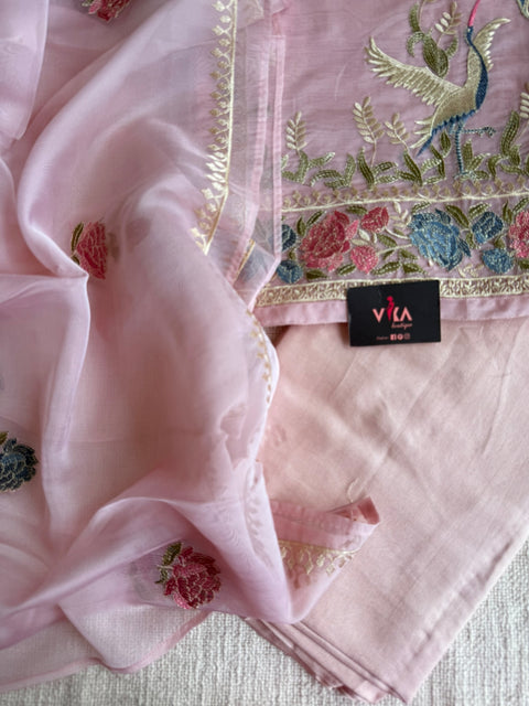 Emb organza salwar material - Baby pink