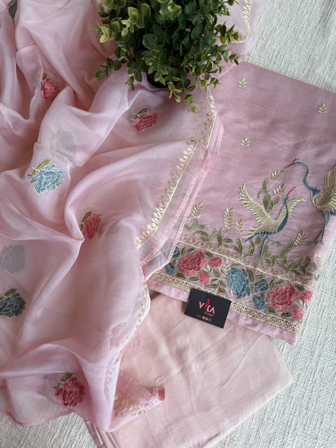 Emb organza salwar material - Baby pink