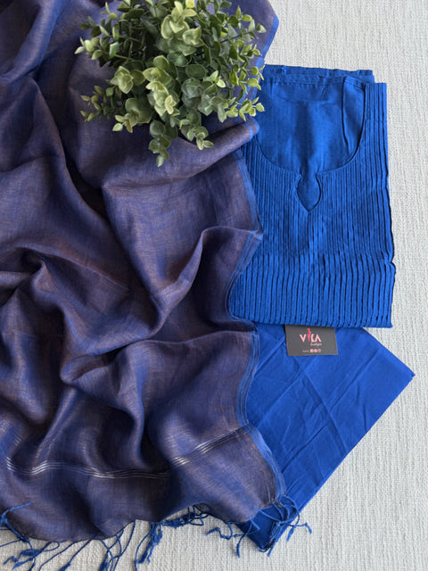 Pintuck silk cotton suit set with linen dupatta