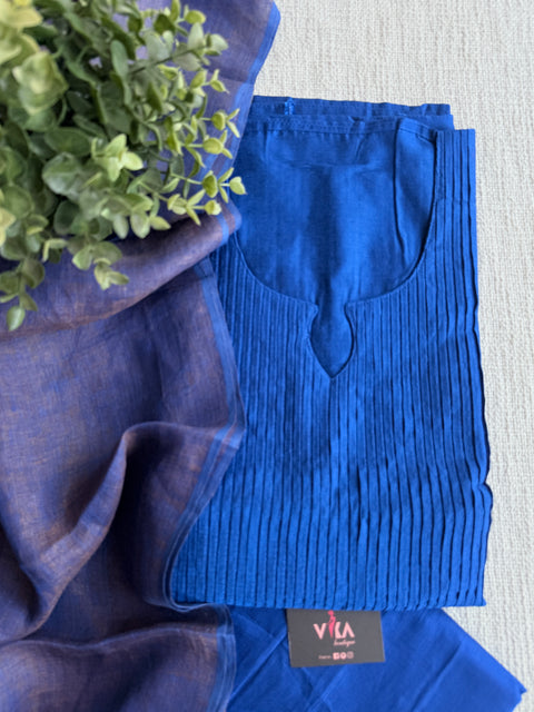 Pintuck silk cotton suit set with linen dupatta