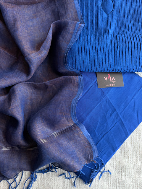 Pintuck silk cotton suit set with linen dupatta
