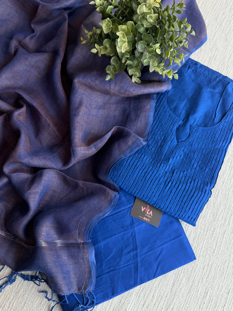 Pintuck silk cotton suit set with linen dupatta