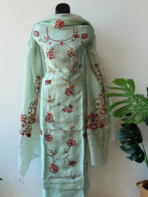 French knot hand emb silk linen sets