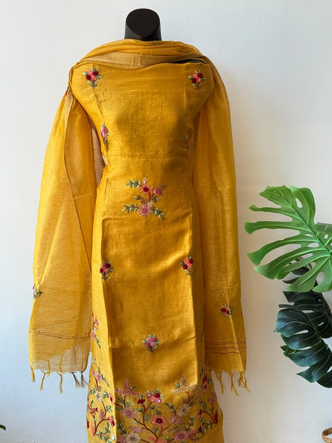 French knot hand emb silk linen sets