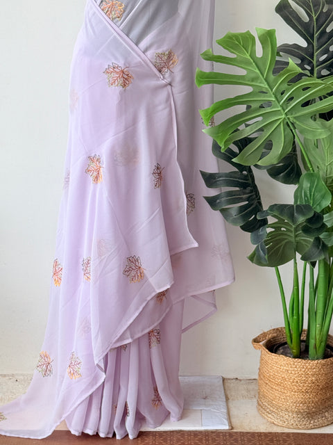 Lavender maple leaf emb georgette saree