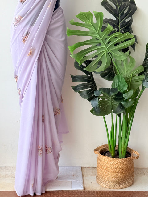 Lavender maple leaf emb georgette saree