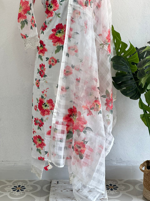 Red Floral printed linen cotton ready suit set
