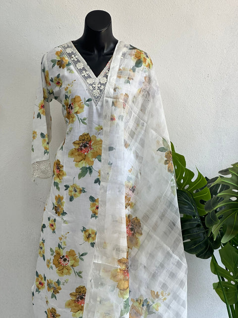 Yellow Floral printed linen cotton ready suit set