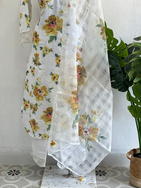 Yellow Floral printed linen cotton ready suit set