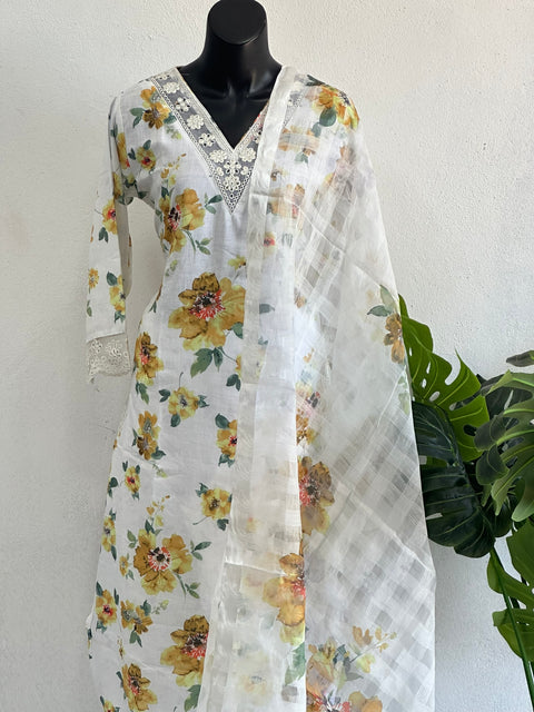 Yellow Floral printed linen cotton ready suit set