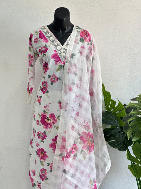 Pink Floral printed linen cotton ready suit set