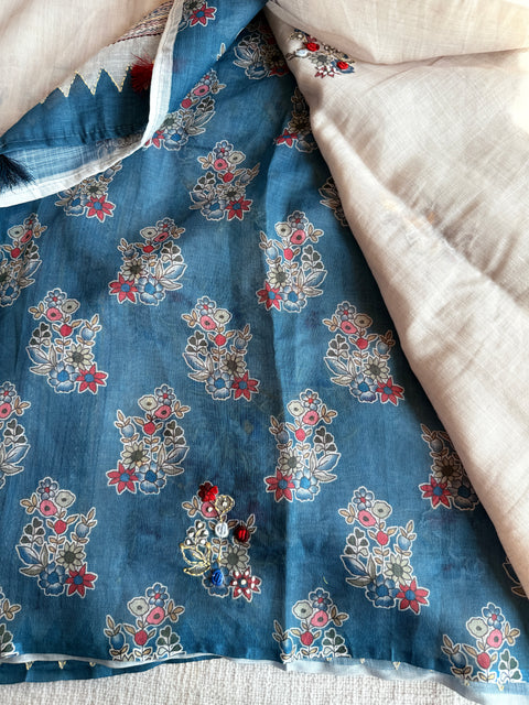 Hand emb Linen saree with printed blouse