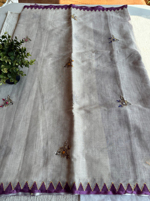 Hand emb Linen saree with printed blouse