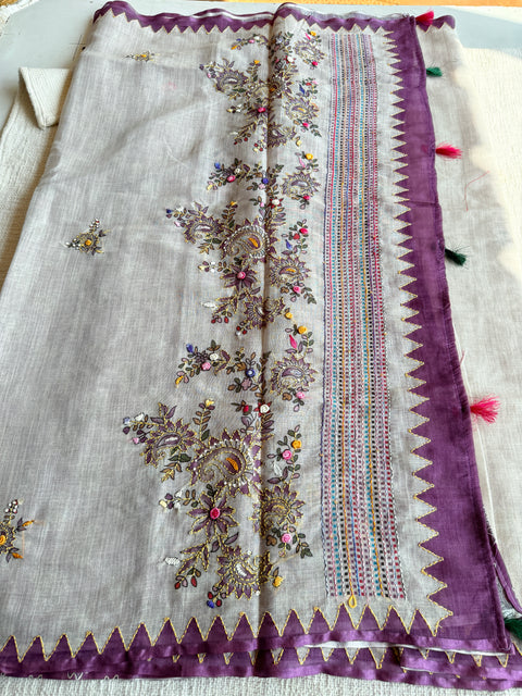 Hand emb Linen saree with printed blouse