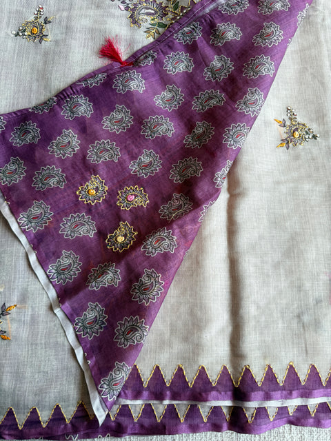 Hand emb Linen saree with printed blouse