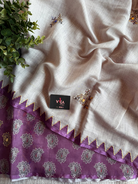 Hand emb Linen saree with printed blouse