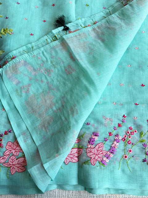 Kana machine emb linen cotton saree