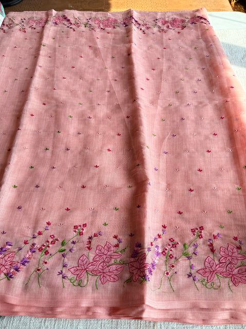 Kana machine emb linen cotton saree