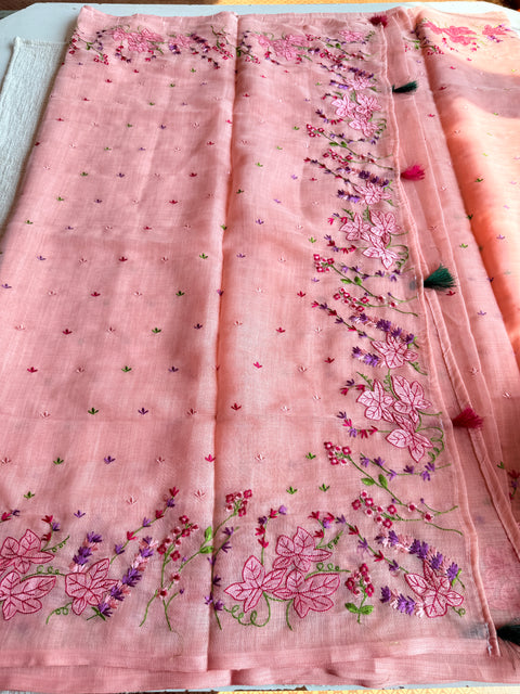 Kana machine emb linen cotton saree