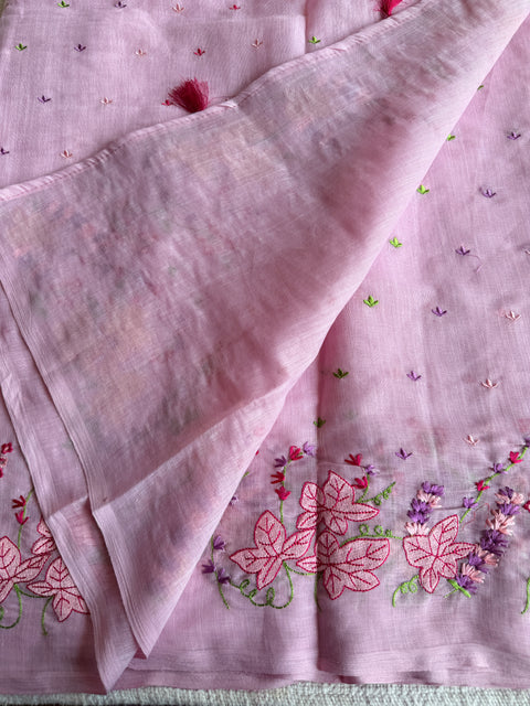 Kana machine emb linen cotton saree