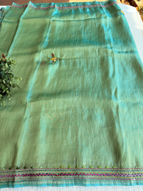 Hand emb shimmer Tissue saree