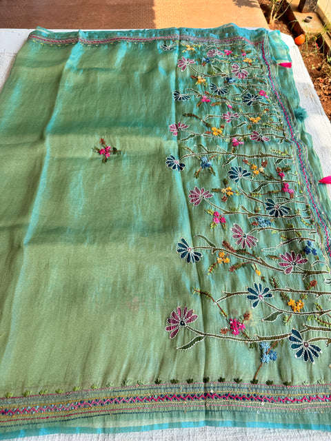 Hand emb shimmer Tissue saree