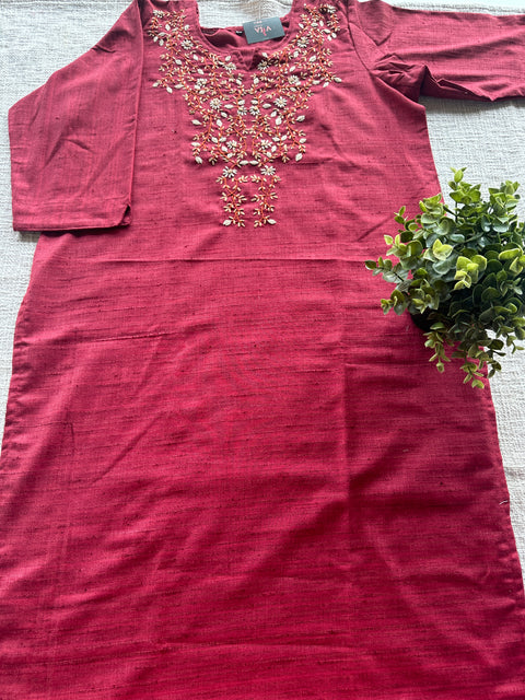 Maroon Hand embroidery raw silk kurti