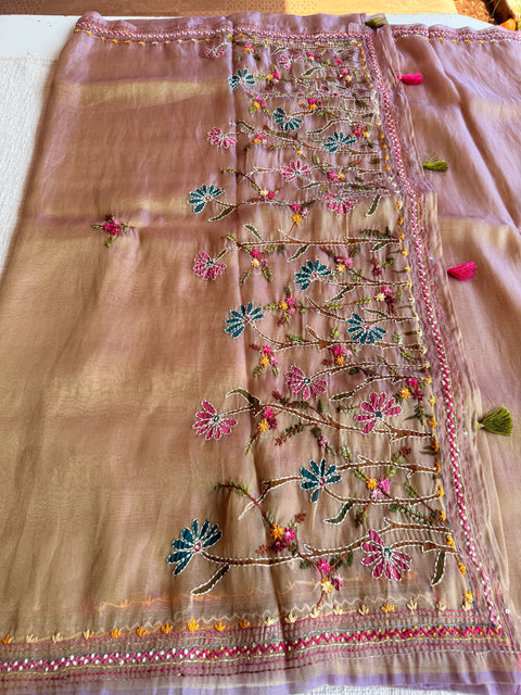 Hand emb shimmer Tissue saree