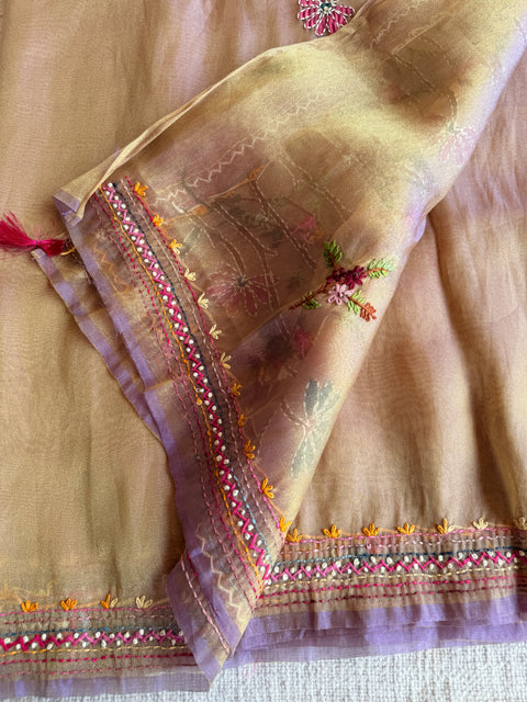 Hand emb shimmer Tissue saree