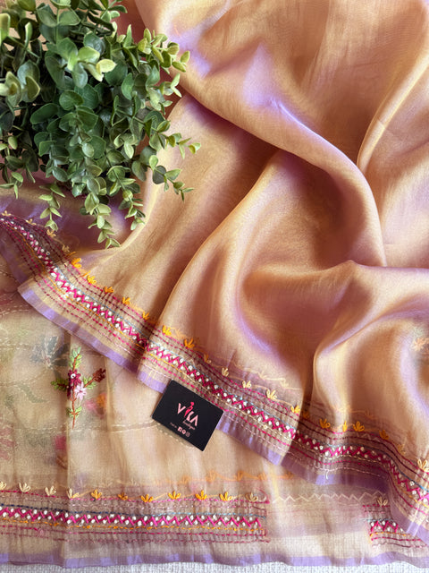 Hand emb shimmer Tissue saree
