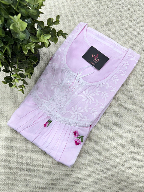 L and XL size Embroidery soft cotton nighty - Pink