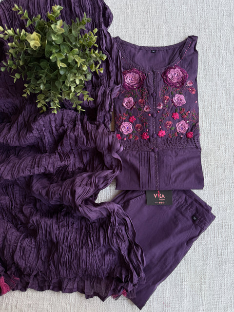 Neck hand emb work cotton suit set-Purple