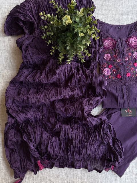 Neck hand emb work cotton suit set-Purple
