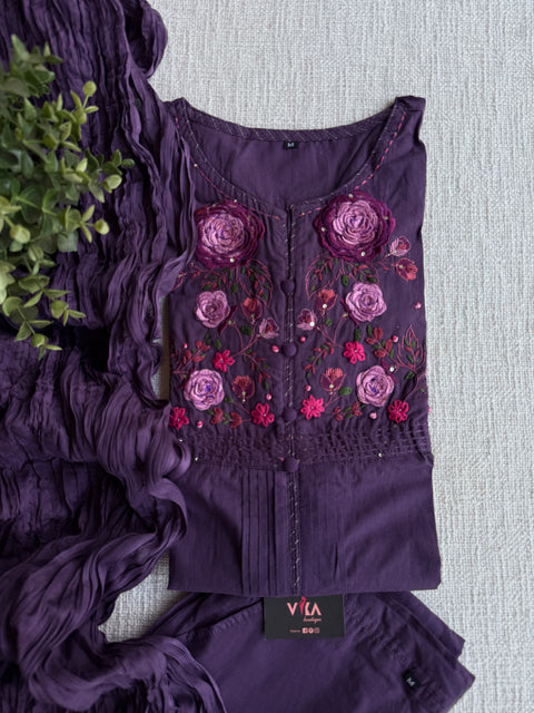 Neck hand emb work cotton suit set-Purple