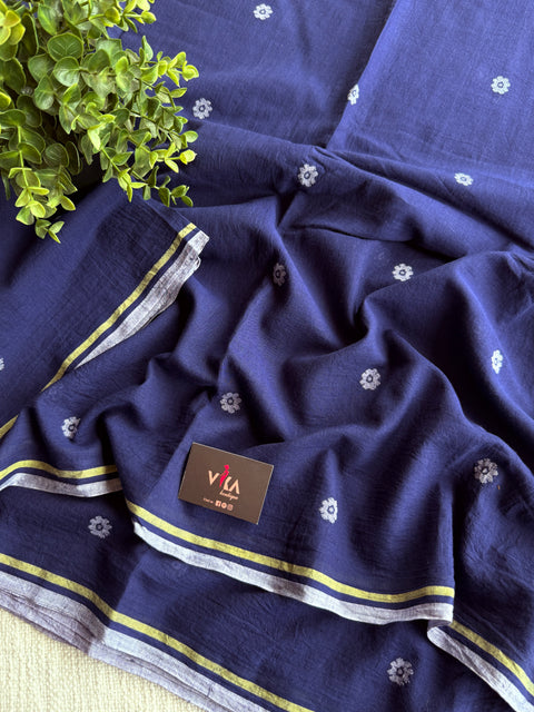 Indigo flower motif pure Jamdhani fabric