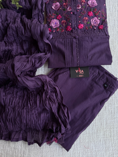 Neck hand emb work cotton suit set-Purple
