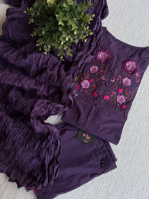 Neck hand emb work cotton suit set-Purple