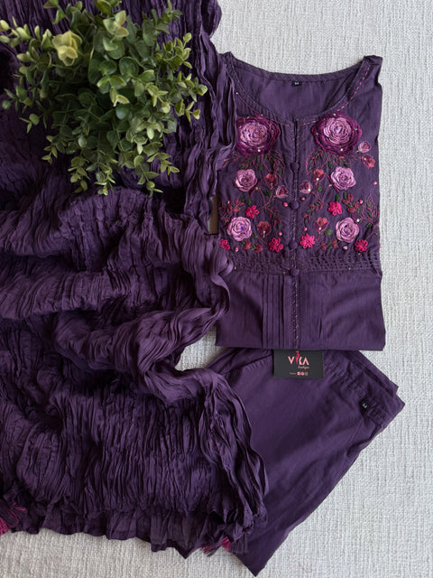 Neck hand emb work cotton suit set-Purple