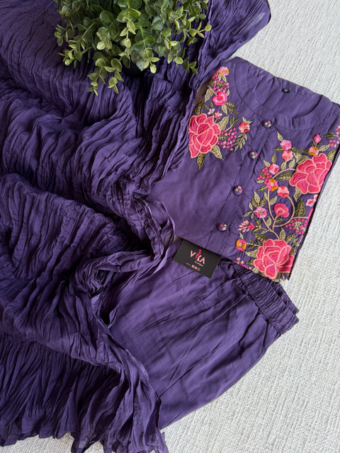 Neck hand emb work cotton suit set - Purple