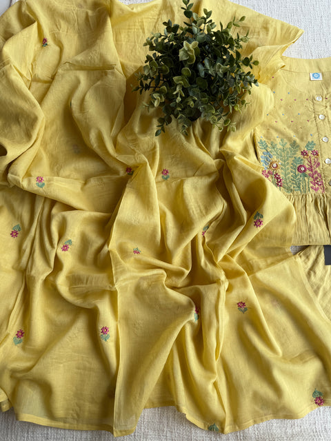 Light yellow emb cotton suit set