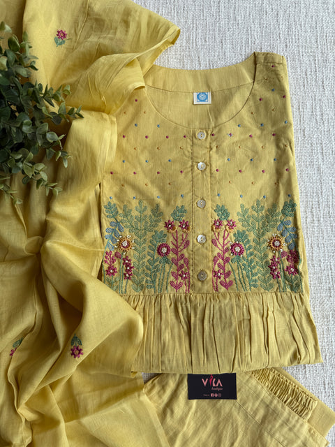 Light yellow emb cotton suit set