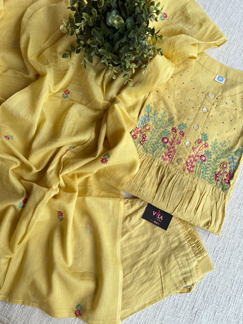 Light yellow emb cotton suit set