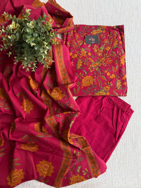 Dark pink printed cotton suit set