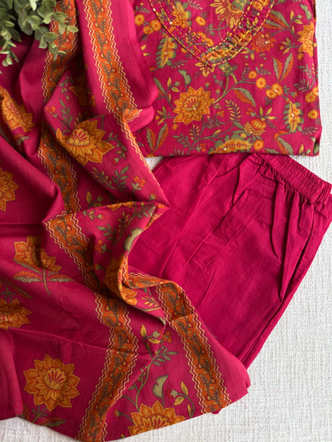 Dark pink printed cotton suit set
