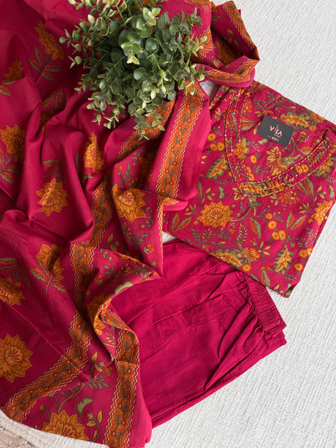 Dark pink printed cotton suit set