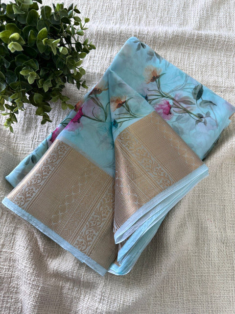 Floral printed semi Organza saree - Light Blue