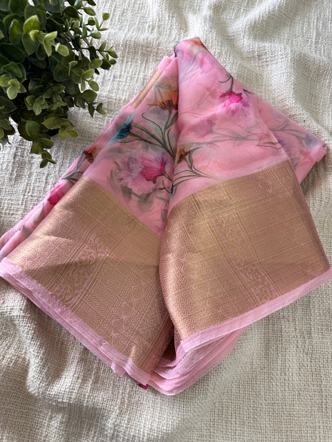 Floral printed semi Organza saree - Pink