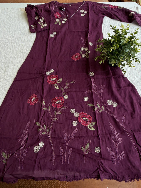 Wine floral emb pure cotton suit set